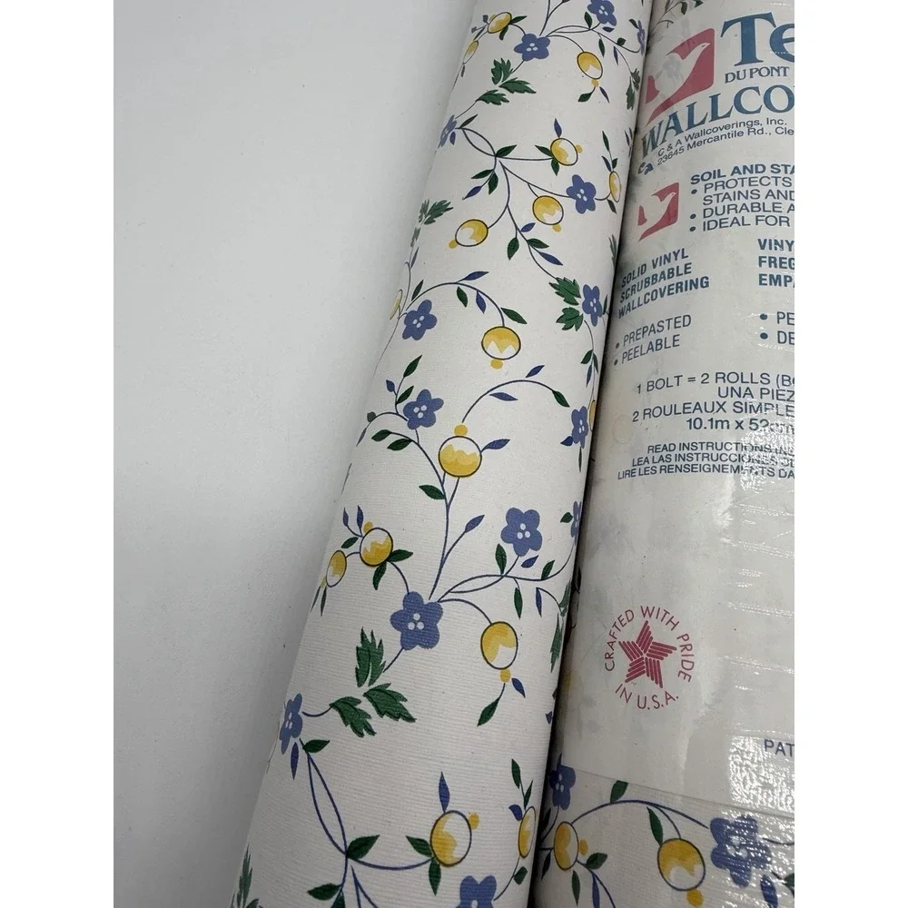 Vtg 1.5 Wallcovering Wallpaper Roll NOS 77023 Run 2 Blue Yellow Cottage Floral